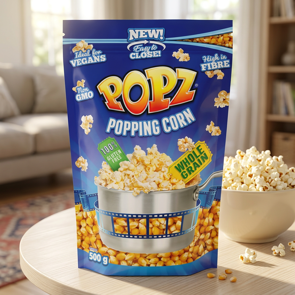 Popz Popping Corn 500 g ved popcorn på sofabordet