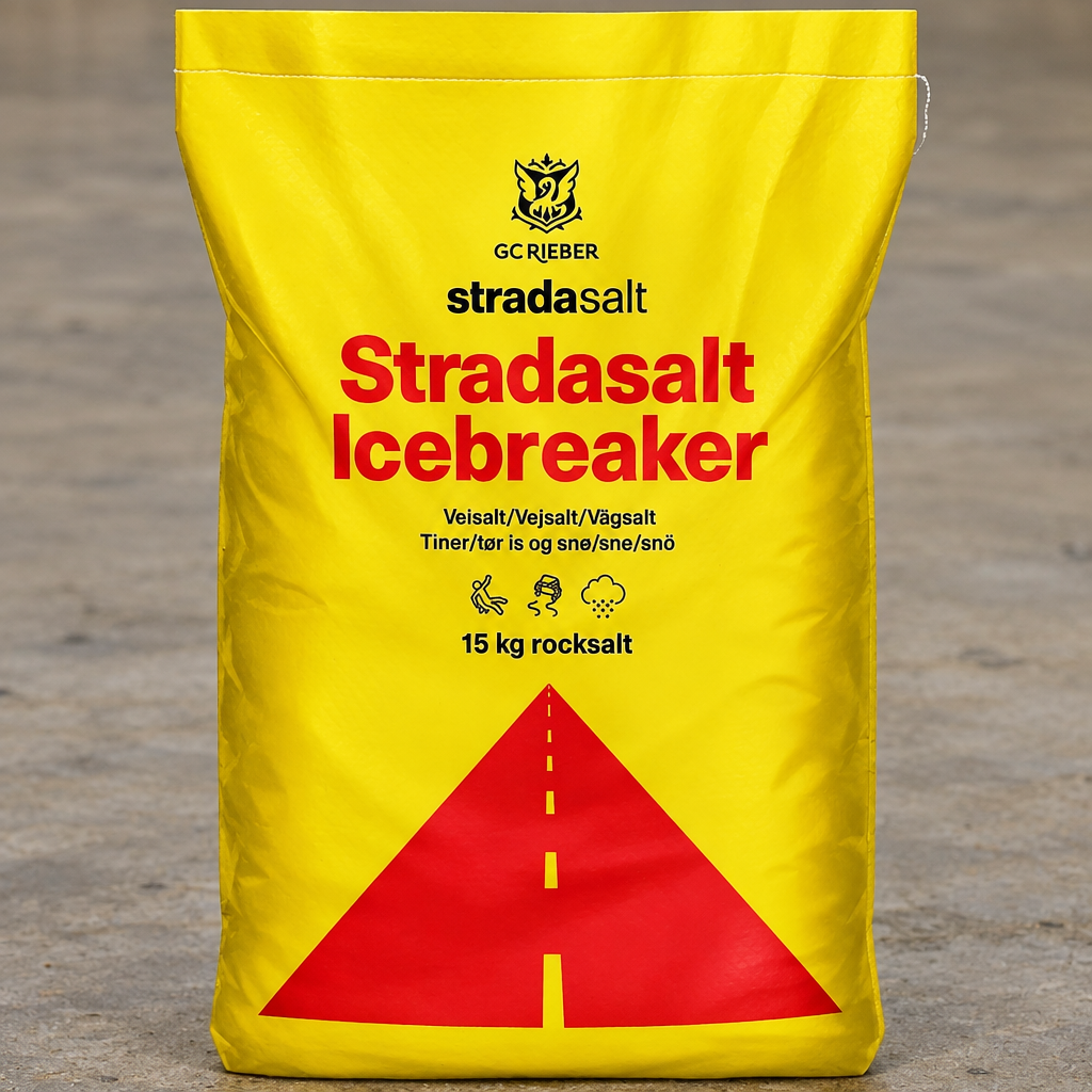 Nærbillede af gul Stradasalt Icebreaker 15 kg vejsaltsæk