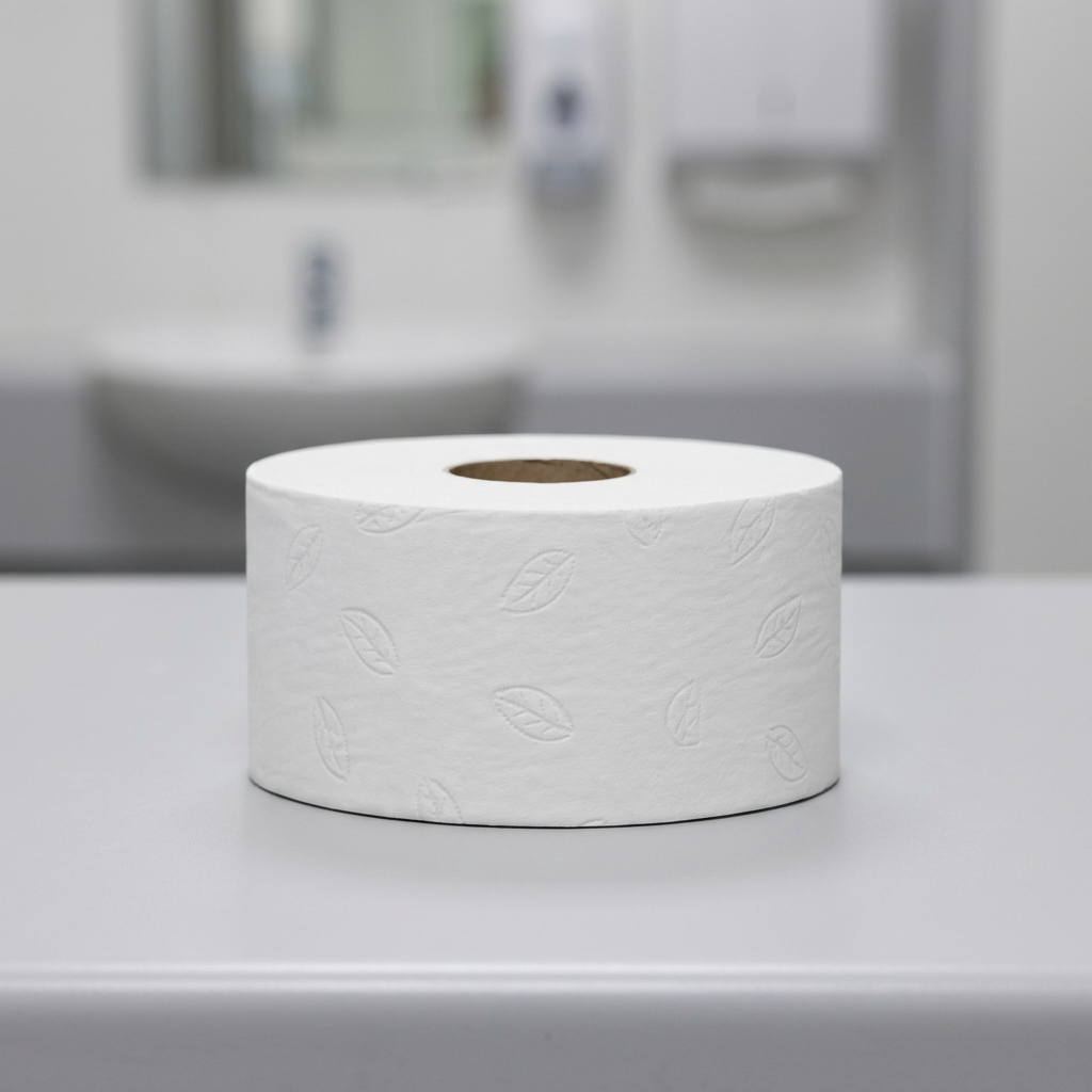 Hvid Tork Mini Jumbo-toiletrulle på tør bordplade ved håndvaskområde
