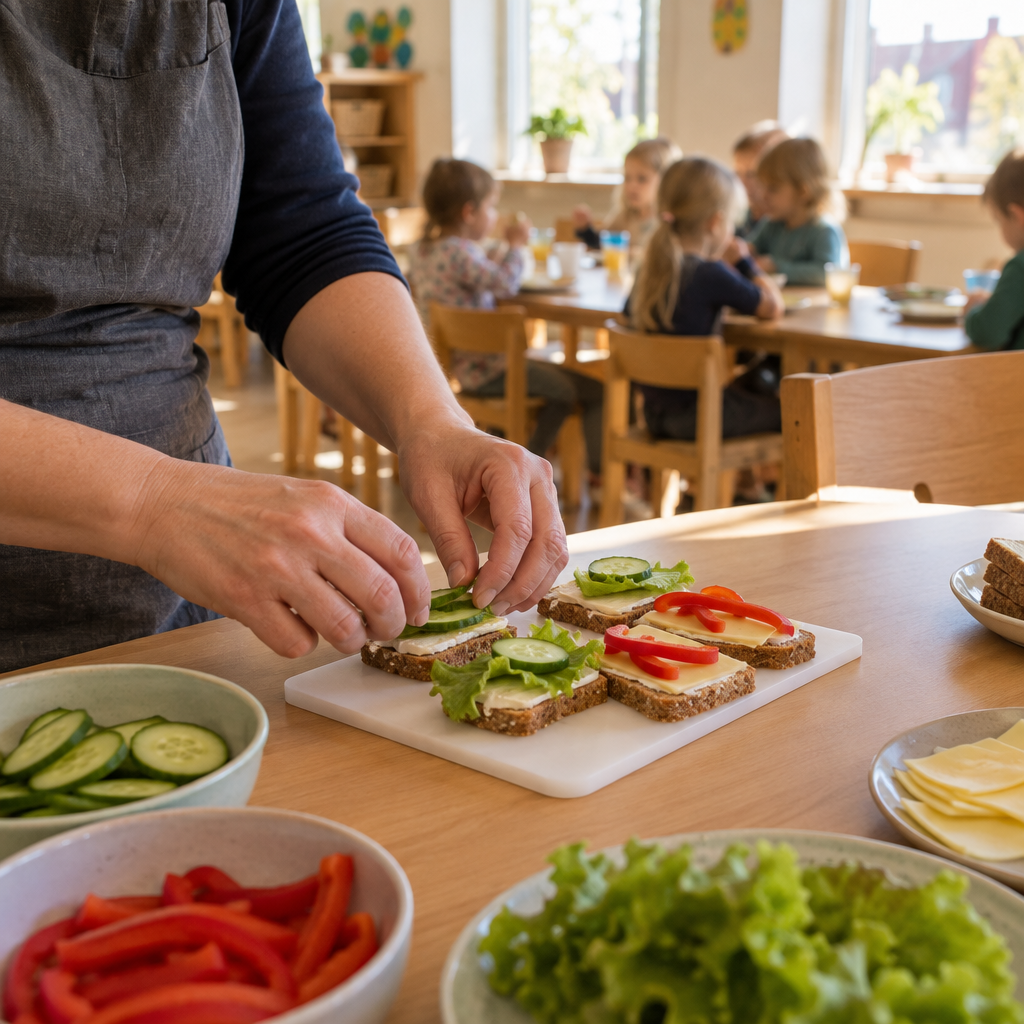 Miljøbillede af madsmøring på lille hvidt bræt i børnehave, varenr. 4145
