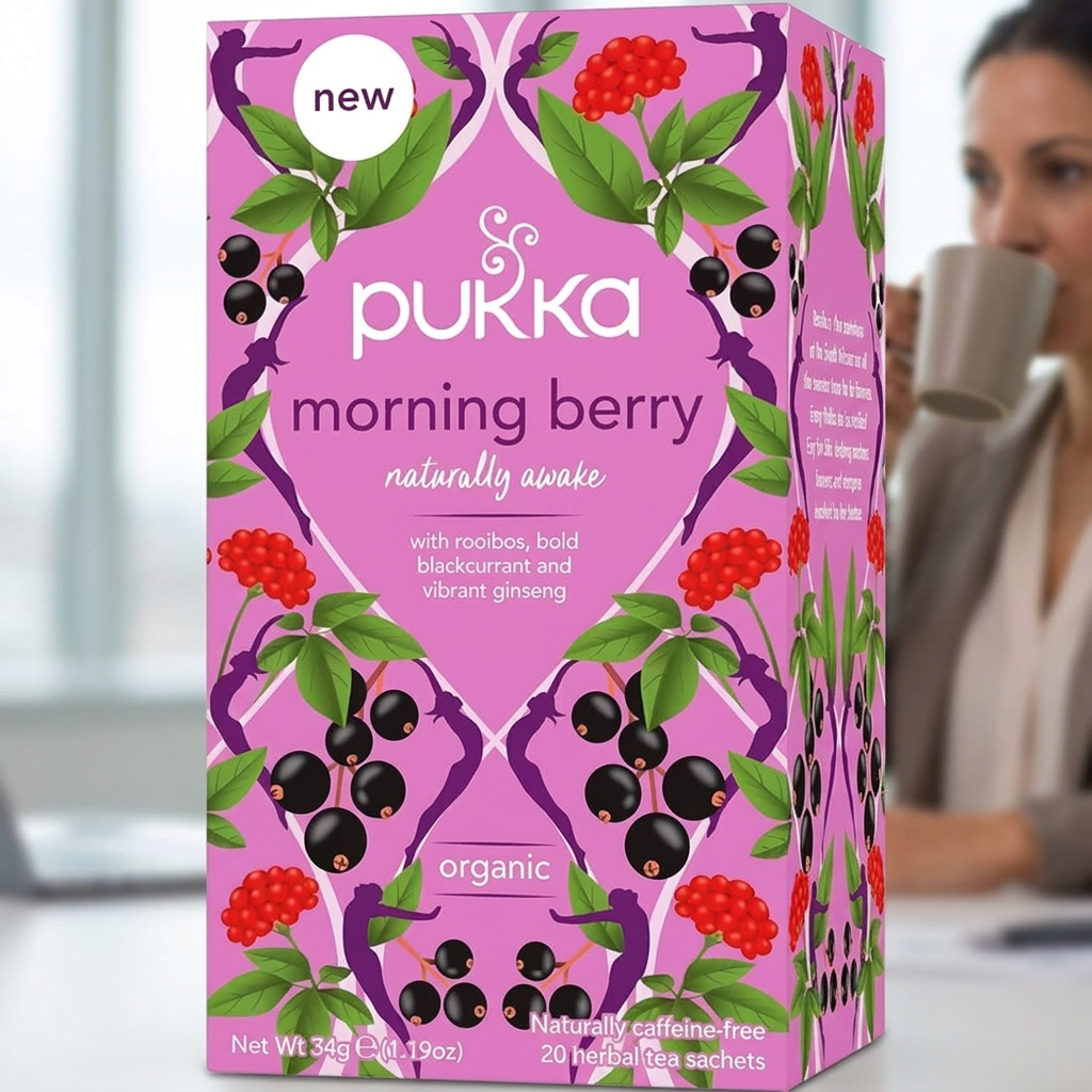 Pukka Morning Berry ved en tepause med en person der drikker te