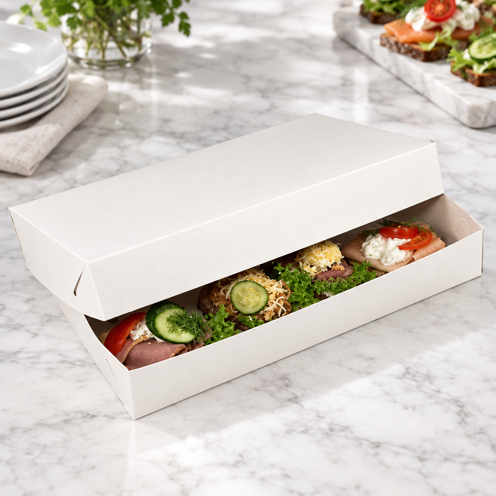 Hvid smørrebrødsæske med smørrebrød på marmorbord ved frokostservering