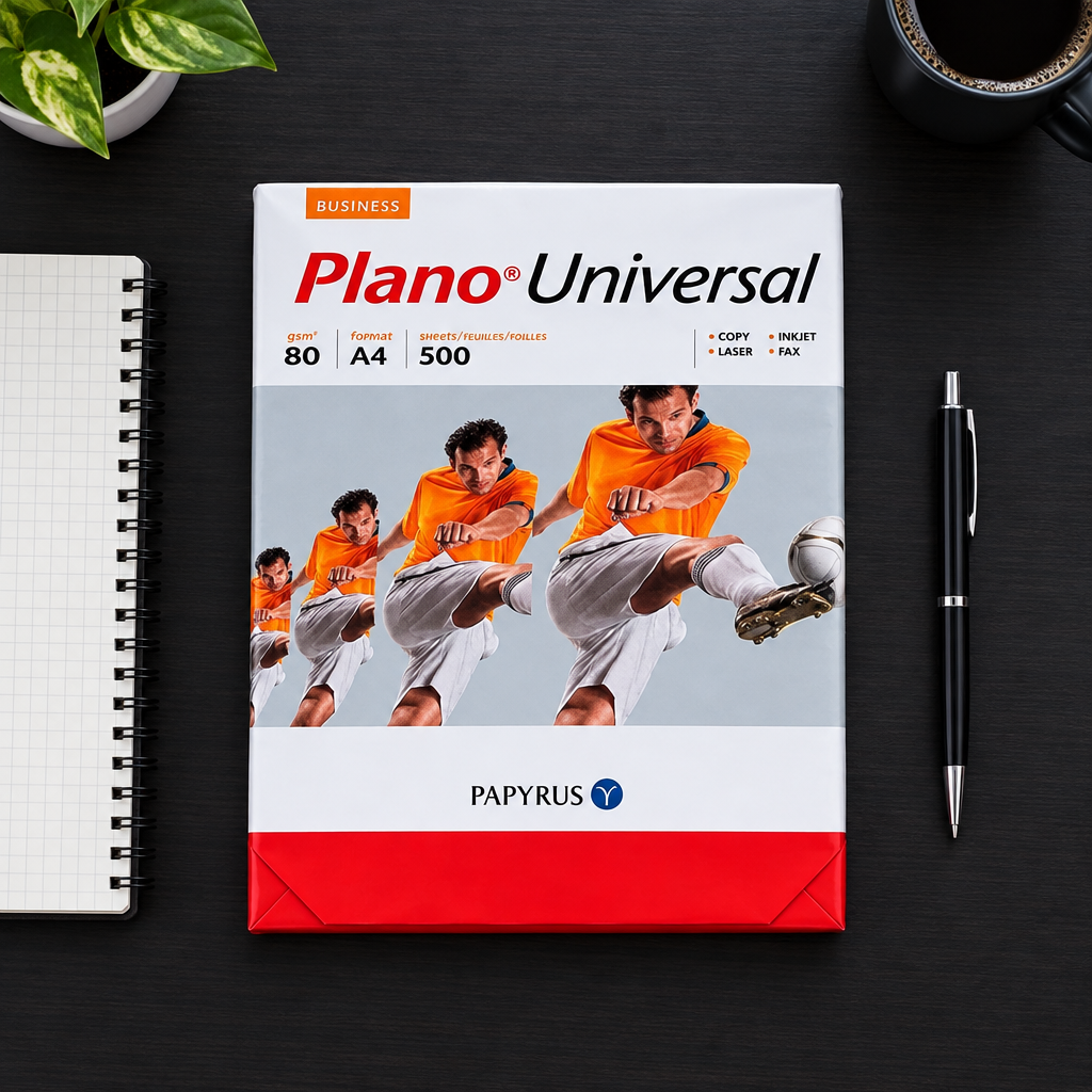 Plano Universal A4 kopipapir set direkte ovenfra på mørkt skrivebord, stemningsillustration