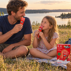 Far og barn nyder Sun Lolly Jordbær ved picnic med udsigt over en sø