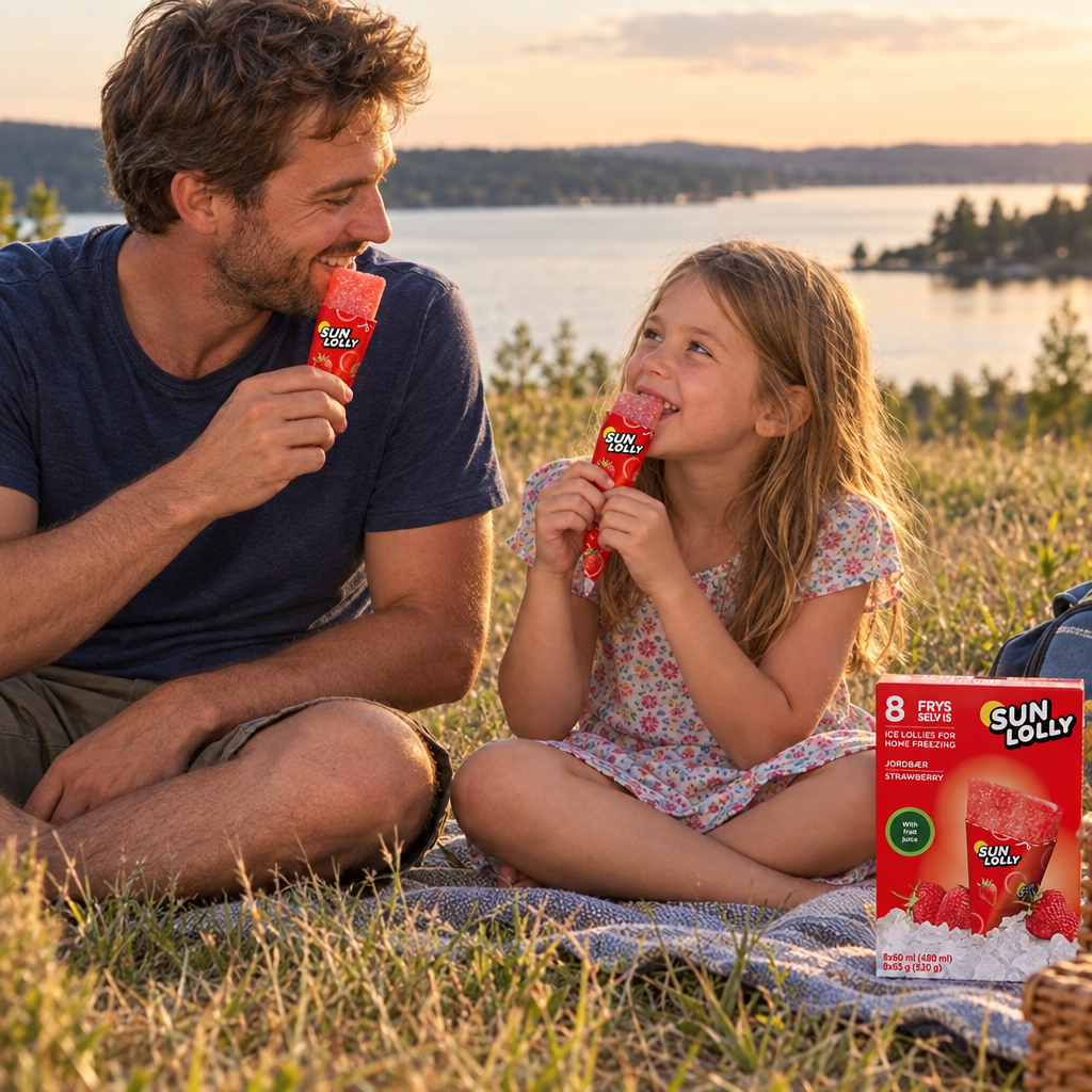 Far og barn nyder Sun Lolly Jordbær ved picnic med udsigt over en sø