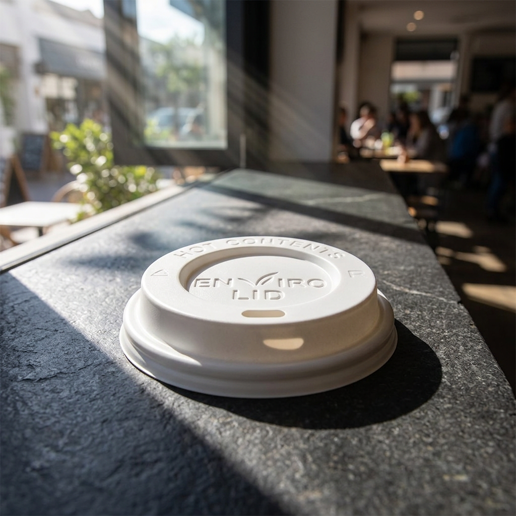 Naturhvidt drikkelåg på mørk stendisk ved solbelyst cafévindue