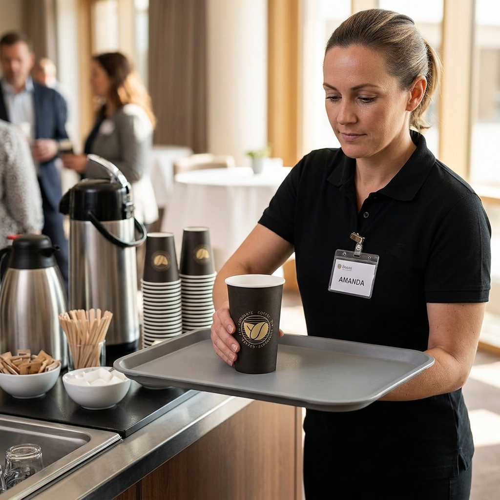 Voksen medarbejder placerer Beans-kaffebæger 36 cl på serveringsbakke ved konference