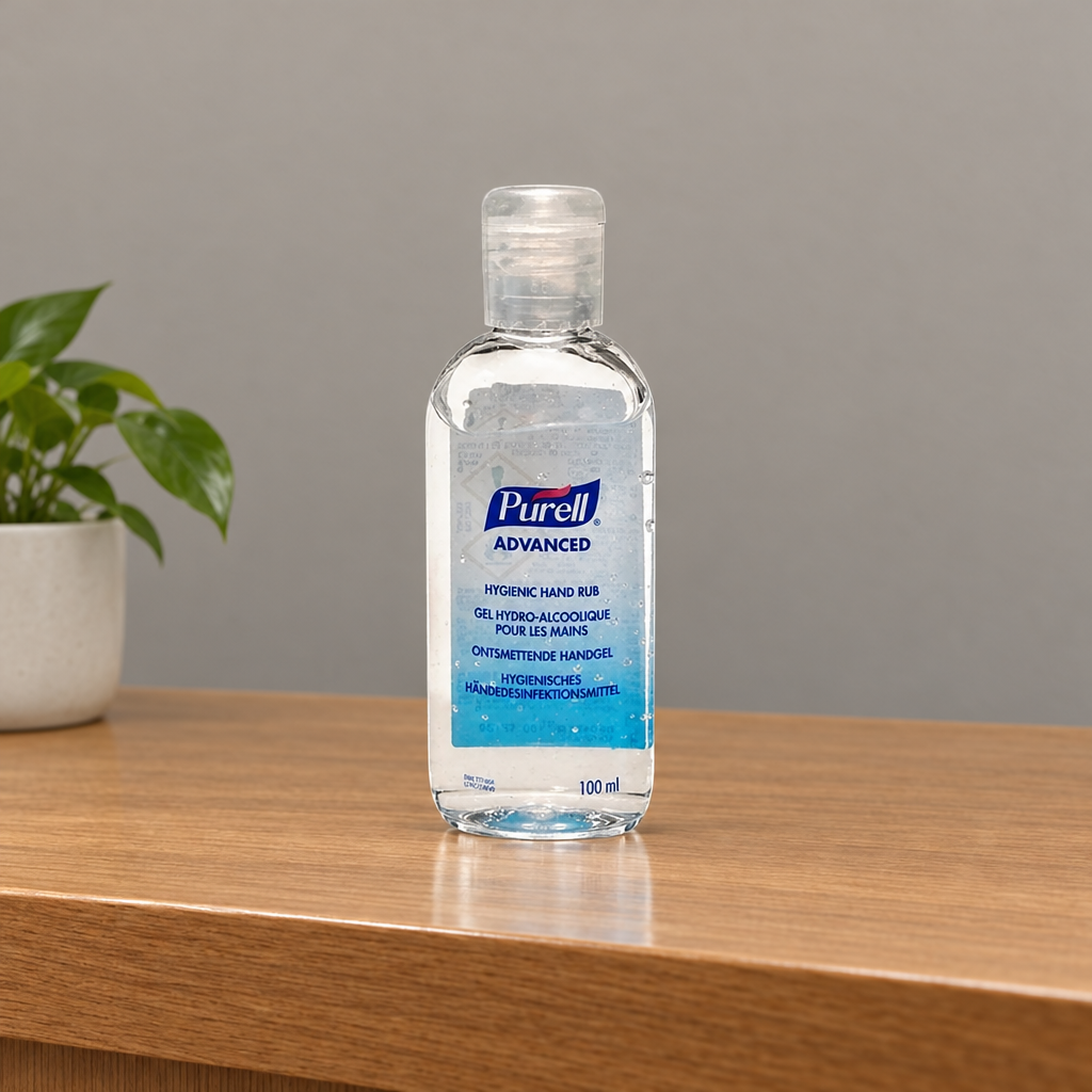 Purell Advanced 100 ml med kliklåg på træbord ved reception, stemningsbillede