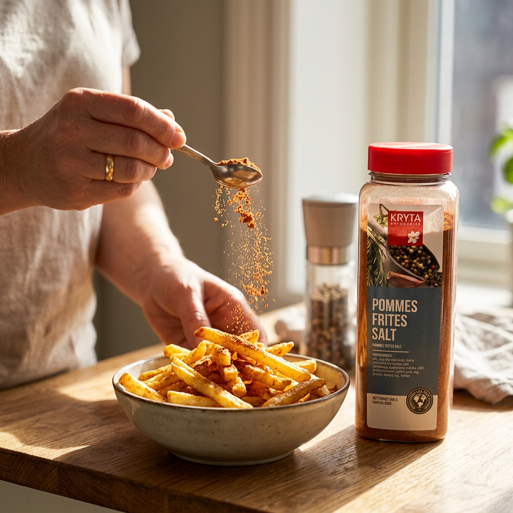 Pommes frites drysses med krydderi, Kryta-dåsen står ved siden af