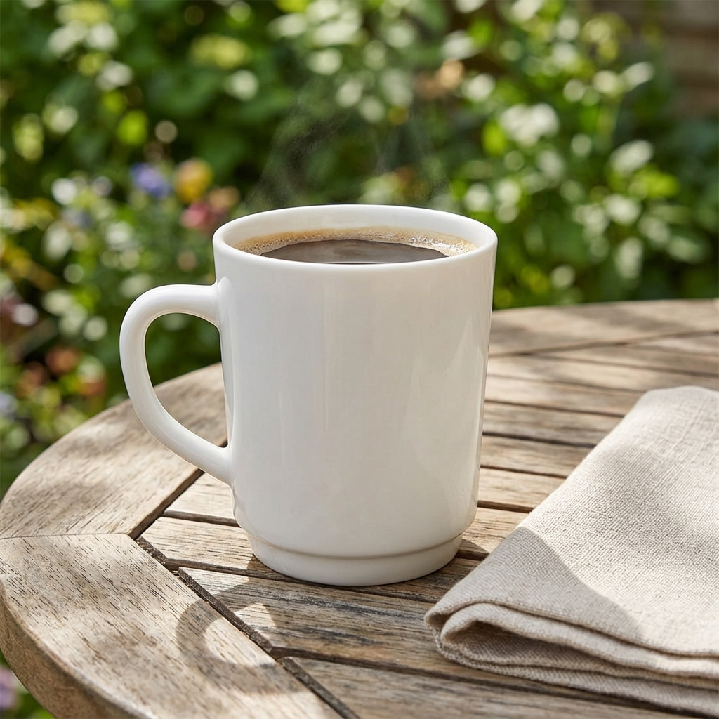 Hvidt krus med kaffe på solbeskinnet havebord
