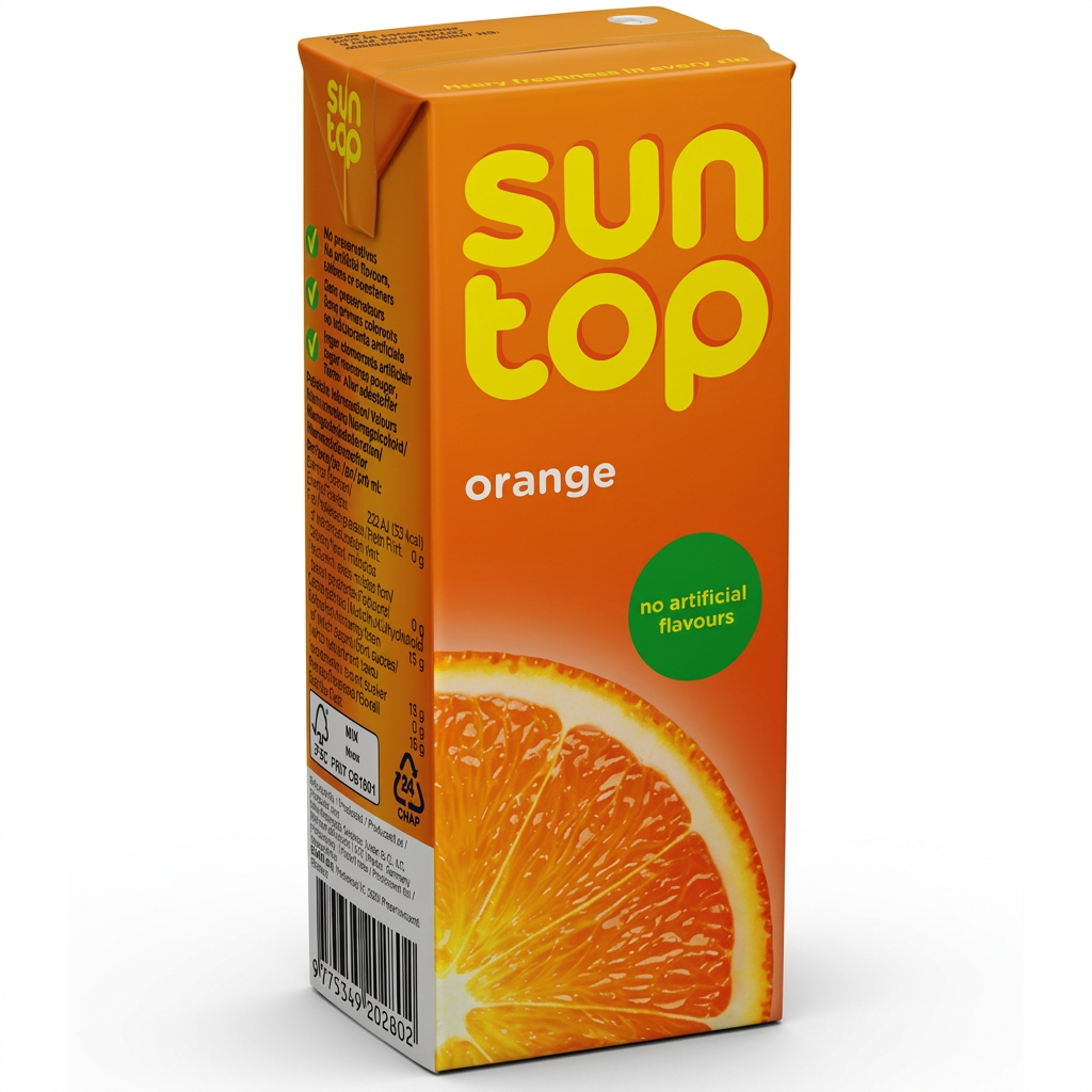 Suntop Appelsin 200 ml i orange brik på hvid baggrund