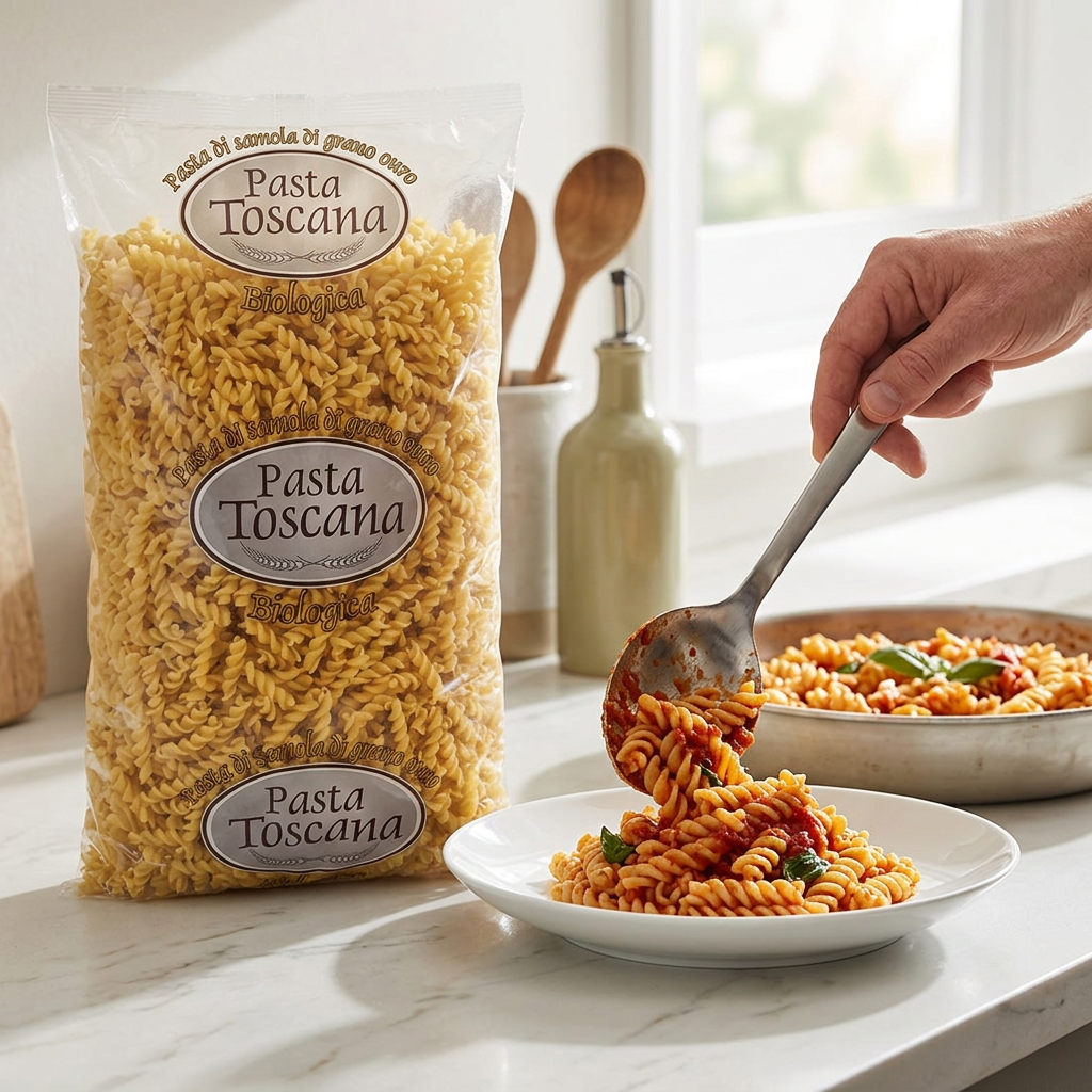 Fusilli med tomatsauce serveres på en tallerken ved Pasta Toscana posen