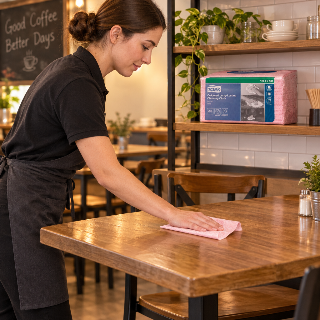 Rengøring af cafébord med lyserød allround klud, stemningsbillede