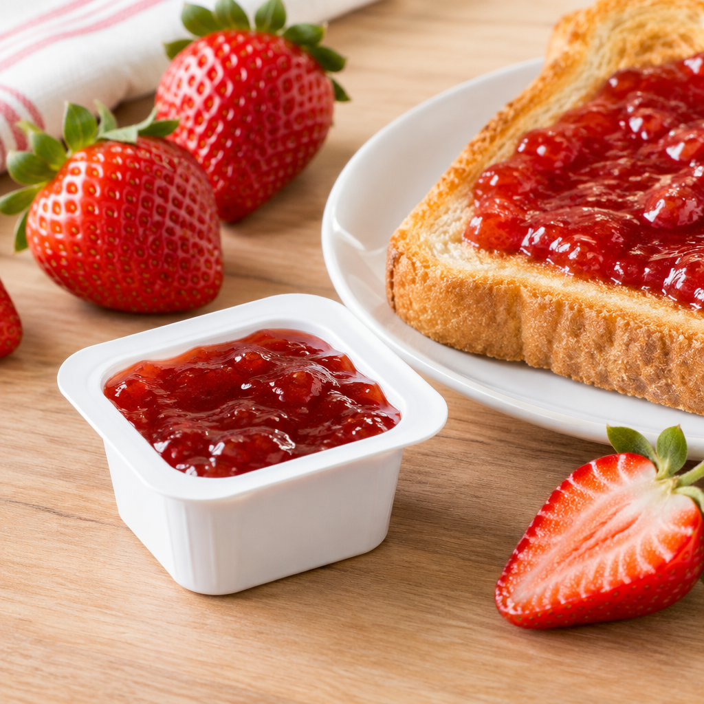 Stemningsbillede af jordbærmarmelade ved toast
