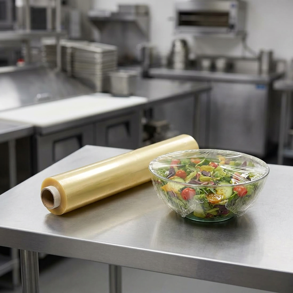 PVC-fri film ved afdækket salat i restaurantkøkken, stemningsbillede