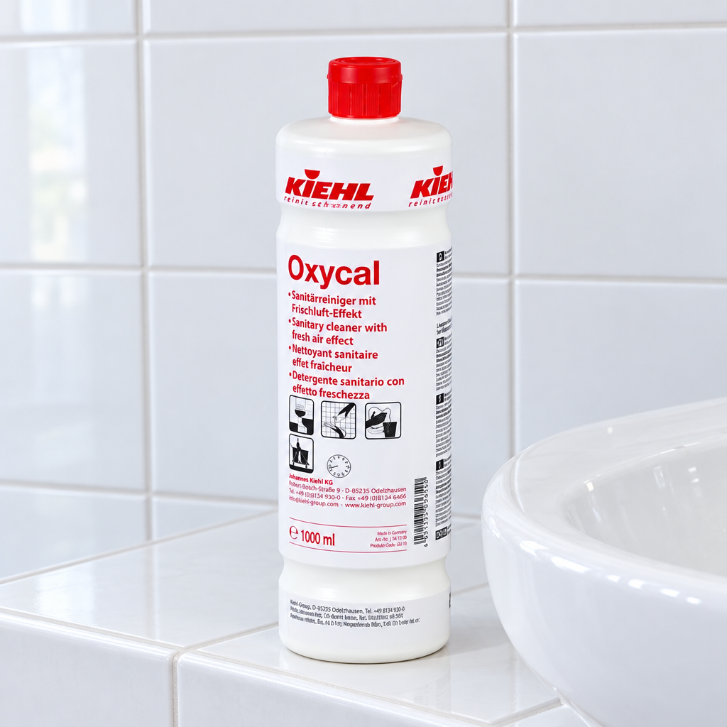 Kiehl Oxycal 1 L på keramisk afsats ved porcelænshåndvask