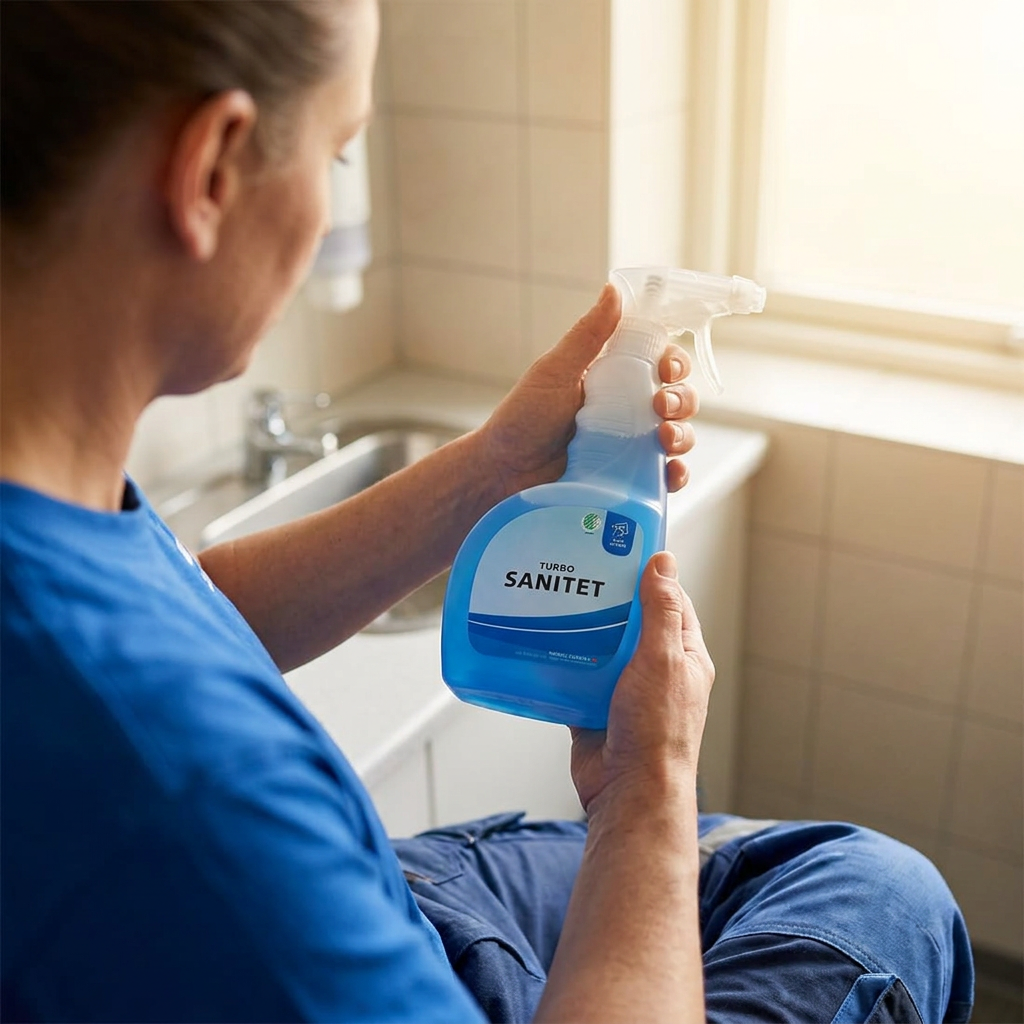 Stemningsbillede af voksen medarbejder med Turbo Sanitet ved vindue