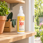 Derma Kids solspray på hylde ved haveudgang