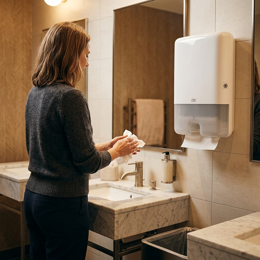 Voksen tørrer hænder ved hvid Tork Xpress H2-dispenser i varmt belyst vaskerum