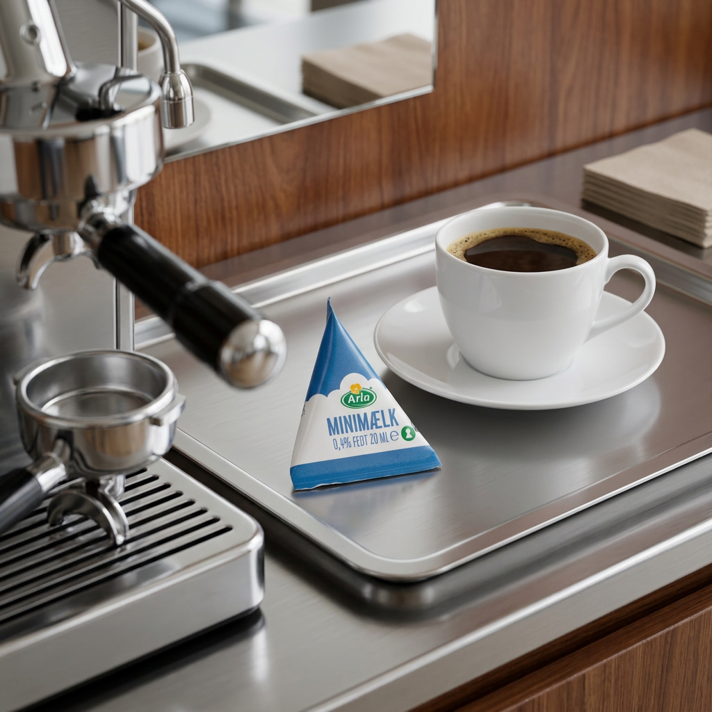 Arla minimælk 0,4 % ved hvid kaffekop og kaffestation i kantine