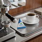 Arla minimælk 0,4 % ved hvid kaffekop og kaffestation i kantine