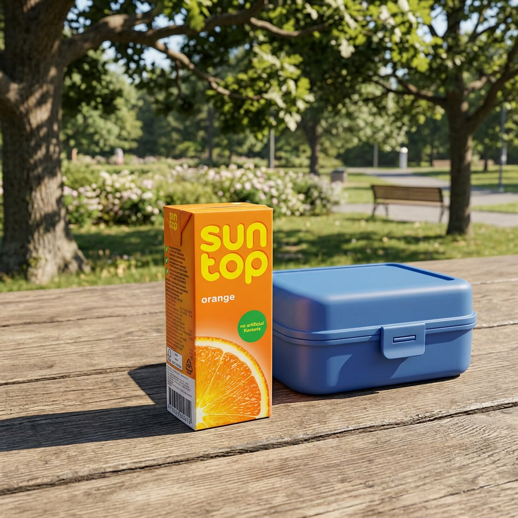 Suntop Appelsin ved madkasse på picnicbord