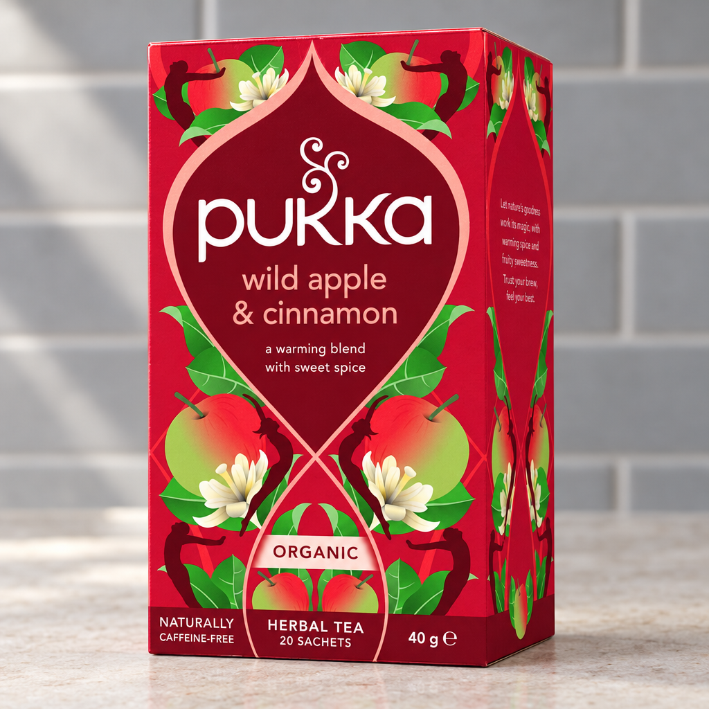 Nærbillede af den røde Pukka Wild Apple & Cinnamon-pakke med æblemotiv