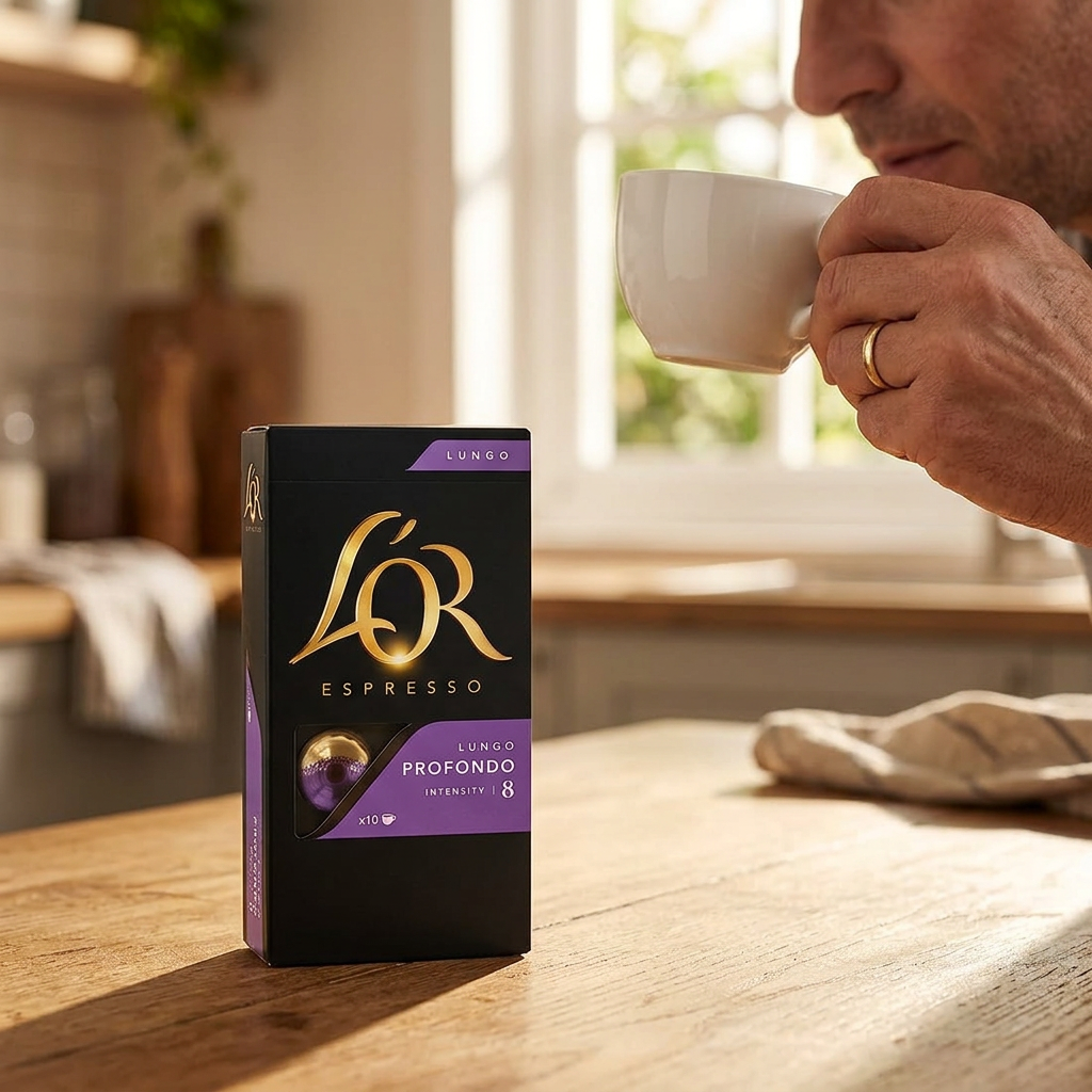 Kaffepause med en kop lungo og L’OR Profondo 8 på bordet