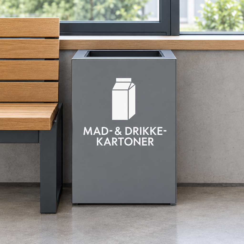 Kartonbeholder med hvid mærkning ved bænk og vindue