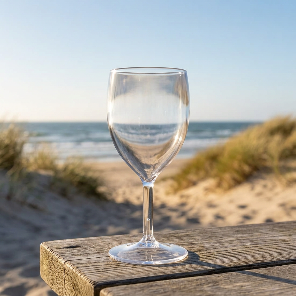 TOP vinglas på bord ved stranden i solskin, stemningsbillede