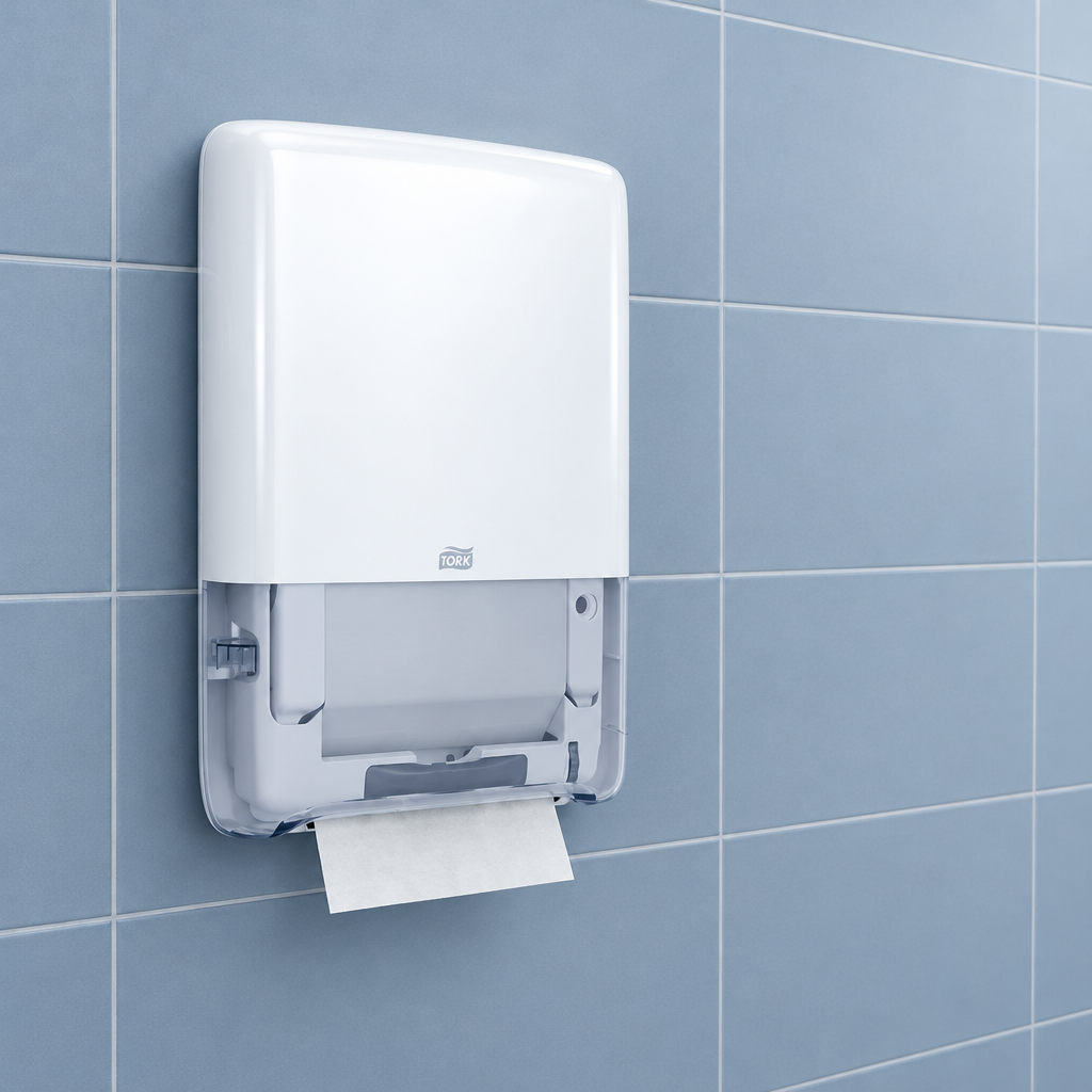 Hvid Tork PeakServe Mini set fra siden i sportshallens toiletfaciliteter