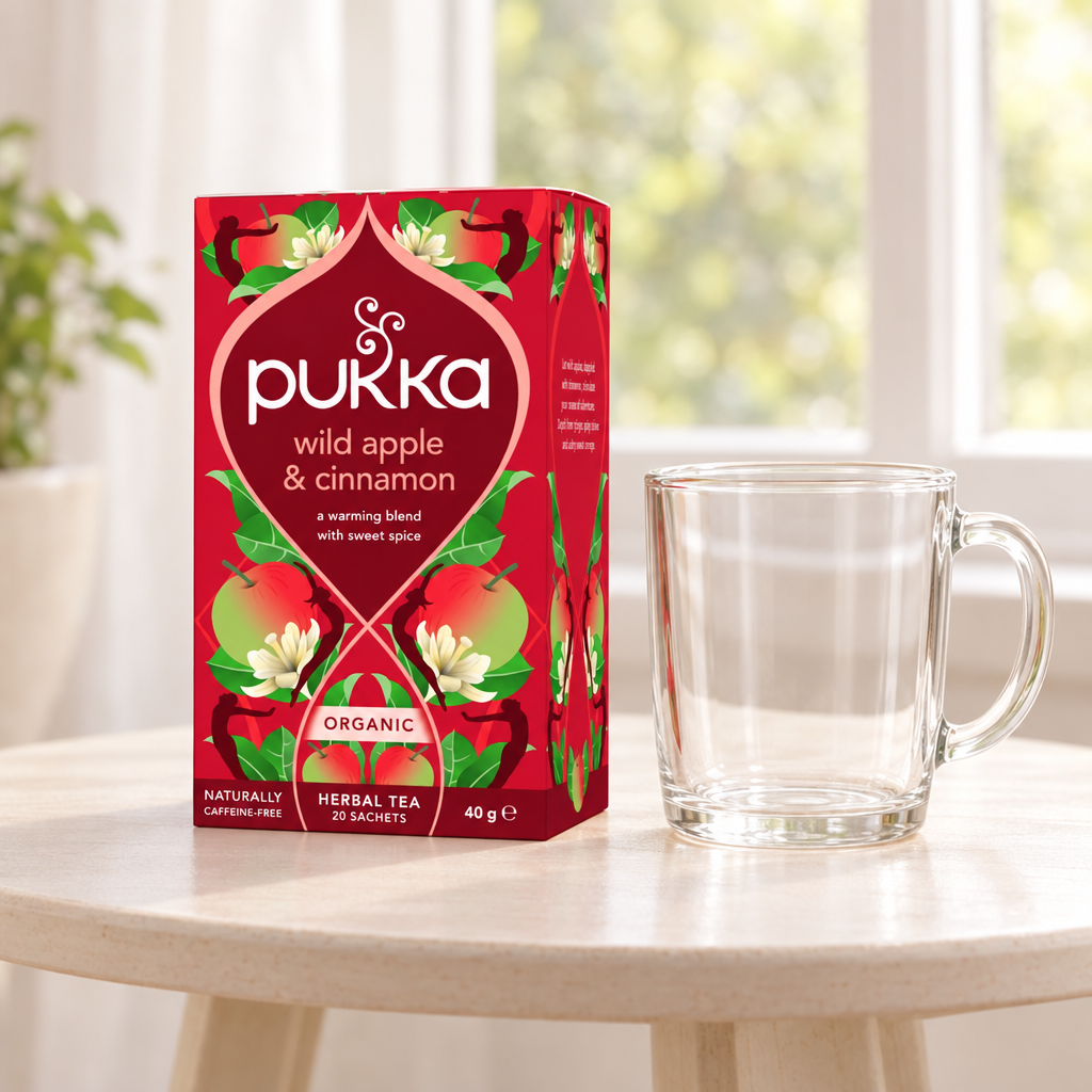 Pukka Wild Apple & Cinnamon-pakken ved et vindue med et tomt glaskrus