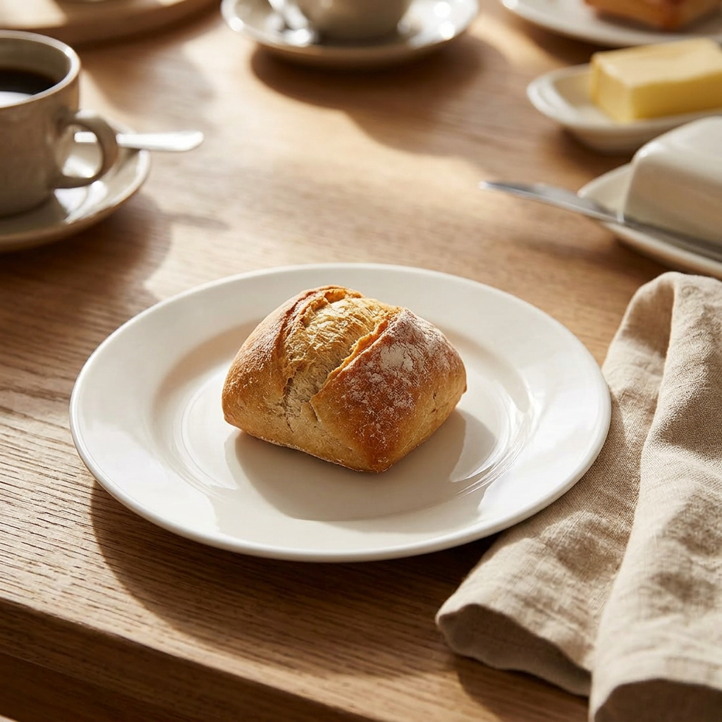 Hvid tallerken med brød ved solrigt morgenbord