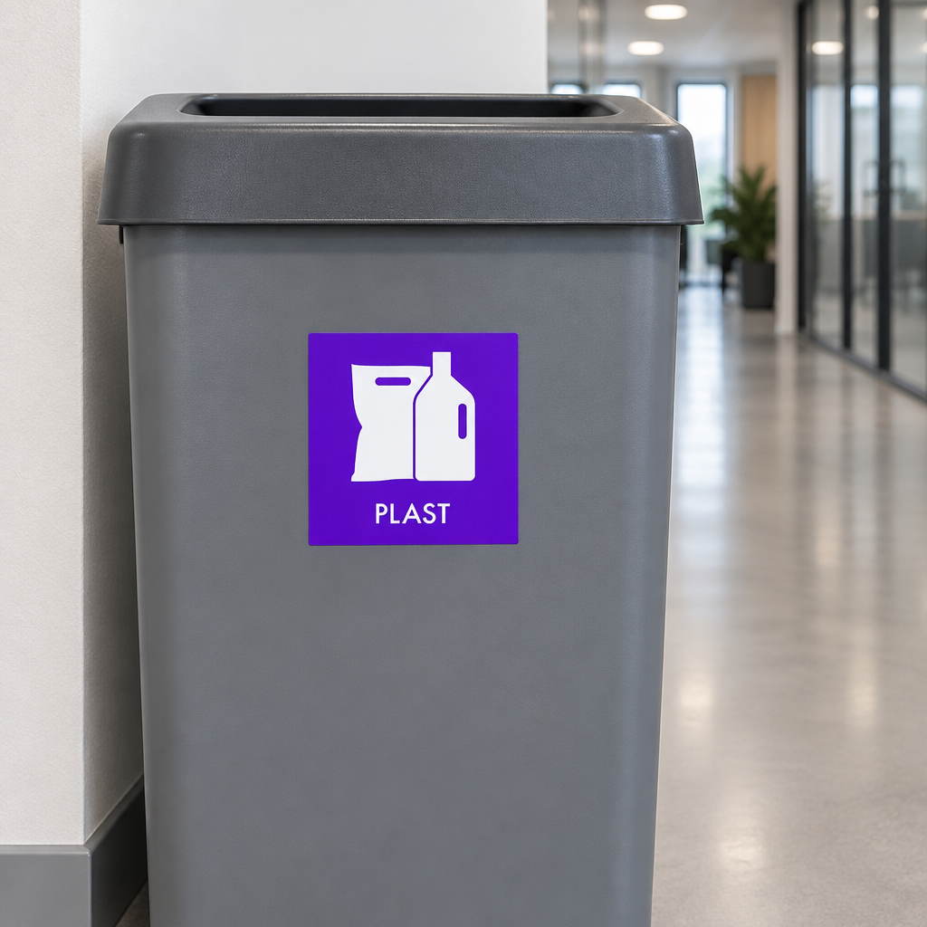 Lilla PLAST-piktogram på grå affaldsbeholder i kontorgang