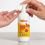 Illustration af dosering af Derma Kids sollotion fra pumpe
