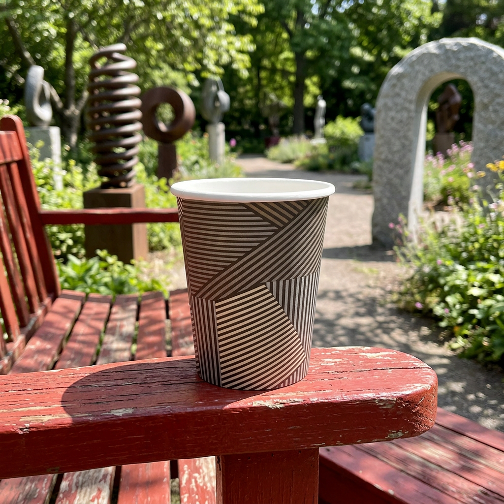 ABENA Gastro Lines kaffebæger på rød bænk i solrig skulpturhave