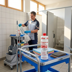 Kiehl Powerfix-Gel 1 L på separat vogn i solrigt sanitetsrum med voksen medarbejder; øvrige varer medfølger ikke