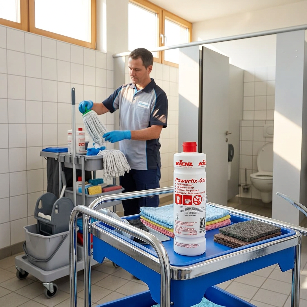 Kiehl Powerfix-Gel 1 L på separat vogn i solrigt sanitetsrum med voksen medarbejder; øvrige varer medfølger ikke
