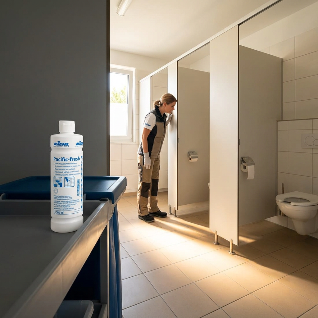 Lukket Kiehl Pacific-fresh 500 ml på rengøringsvogn ved solrige toiletbåse med medarbejder i baggrunden, stemningsbillede