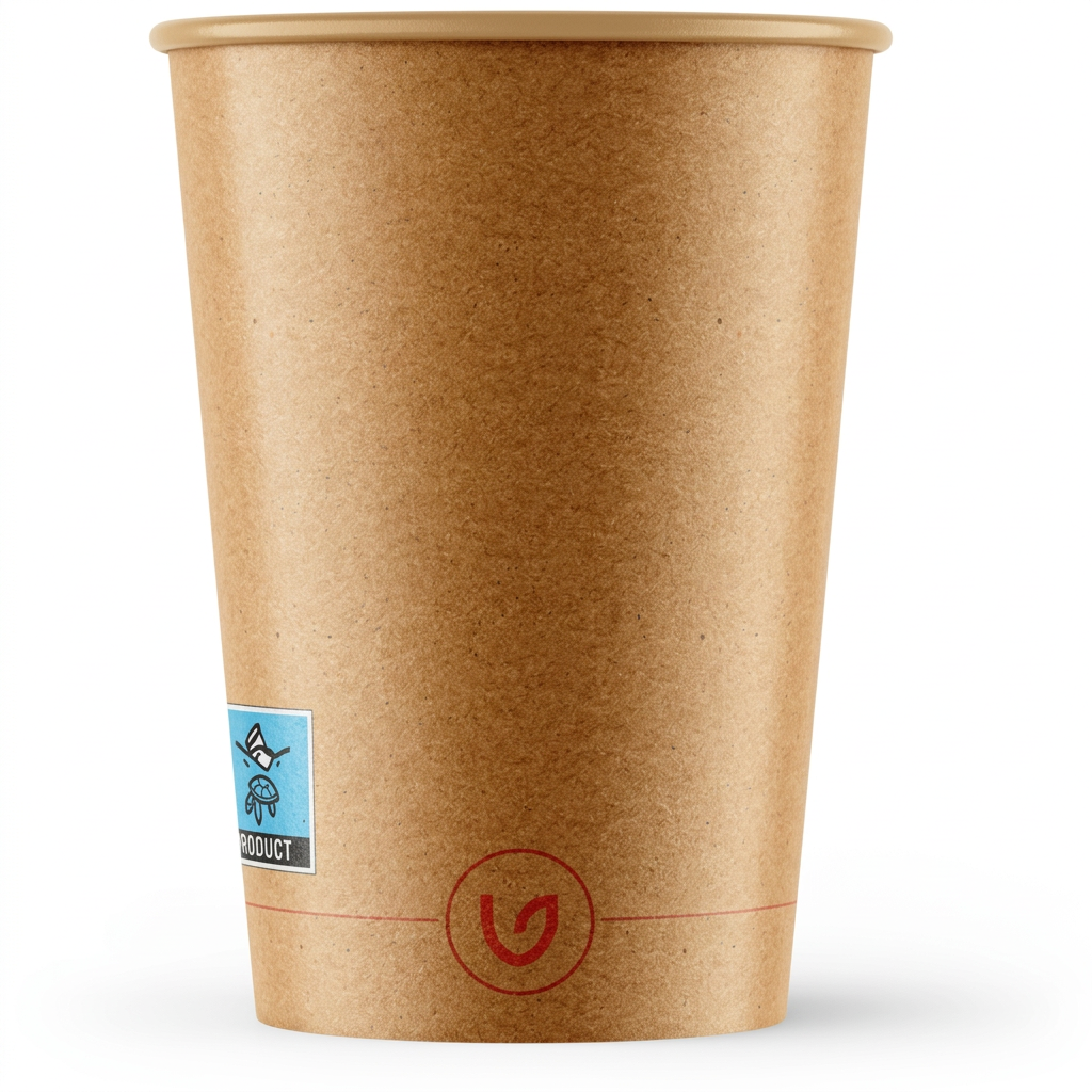 Brunt Verive Single Wall kaffebæger 25 cl med rødt symbol og blå mærkning på hvid baggrund