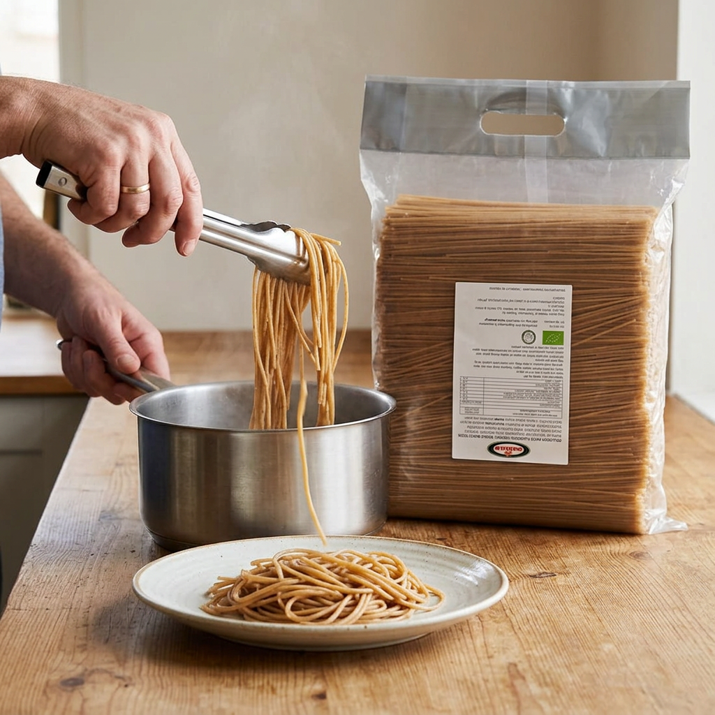 Kogt fuldkornsspaghetti serveres med tang ved siden af Helios-posen