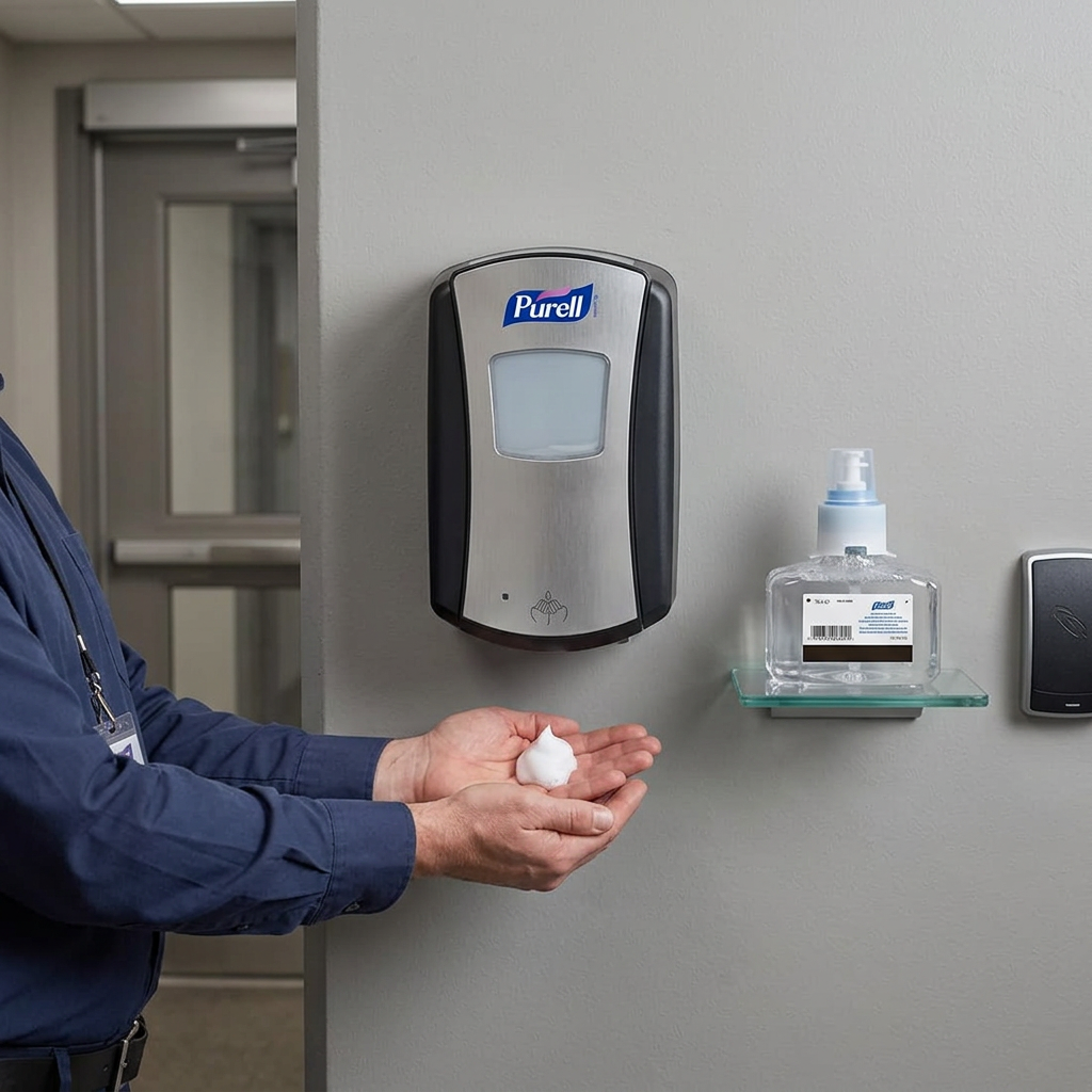 Bruger modtager skum fra Purell LTX-7 med skumrefill ved siden af