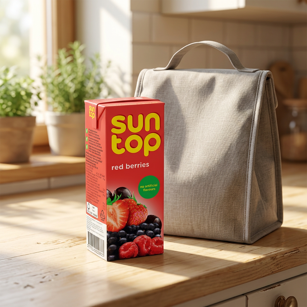 Suntop Røde Bær ved madpakkepose på køkkenbord