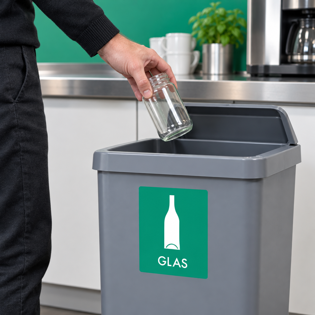 Brugssituation: glas lægges i beholder med GLAS-piktogram i køkken