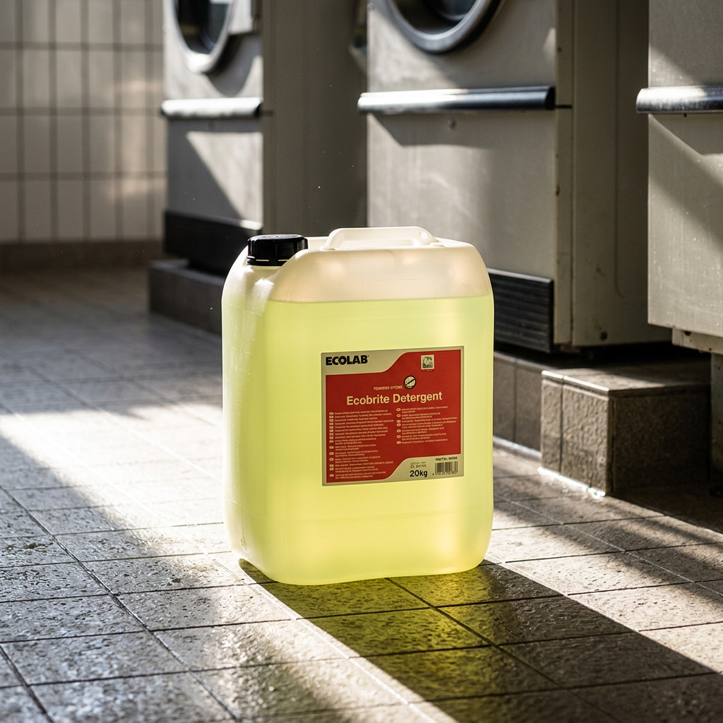 Ecobrite Detergent i lukket dunk på gulv i solbelyst vaskeri, stemningsbillede
