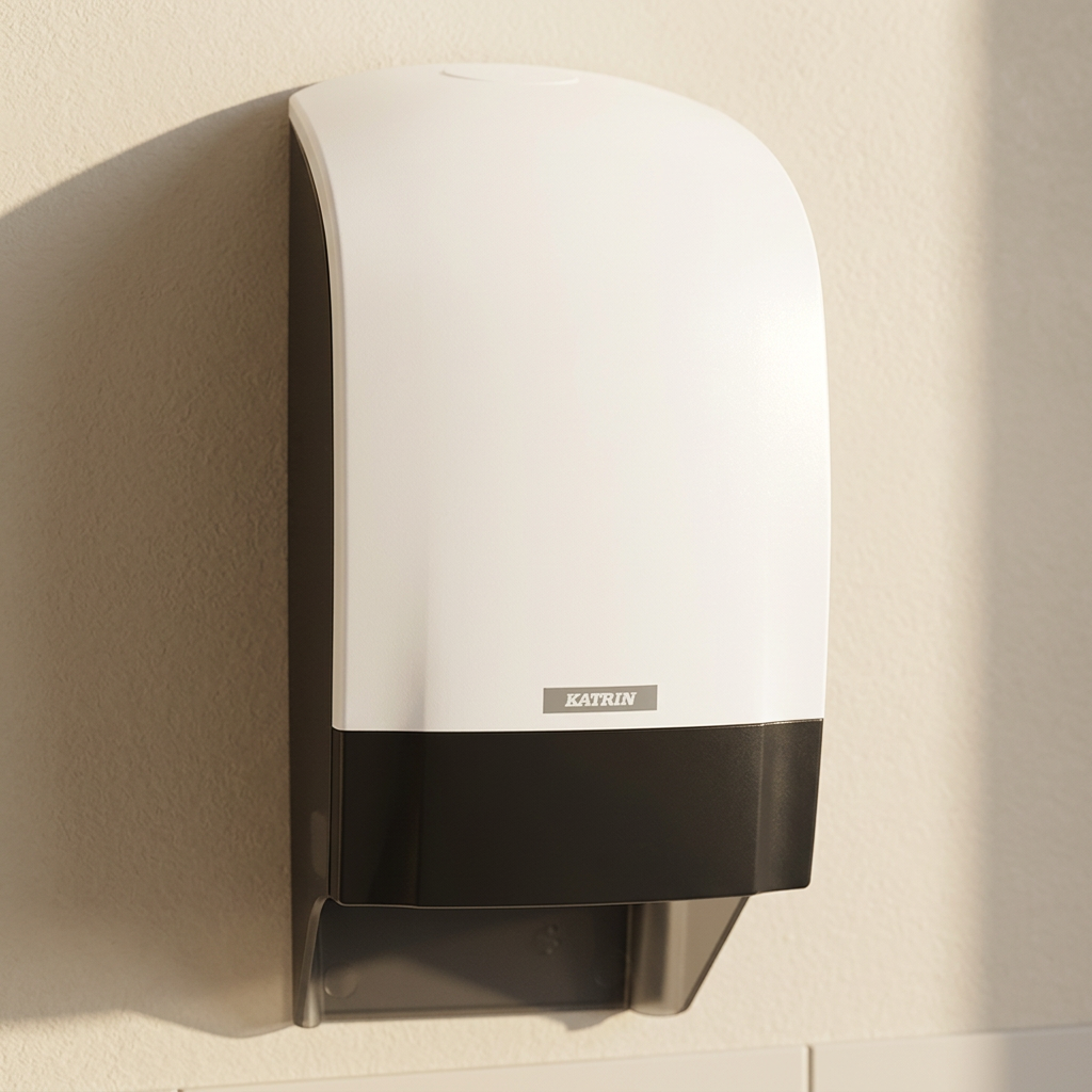 Hvid Katrin-toiletrulledispenser på beige væg i sollys