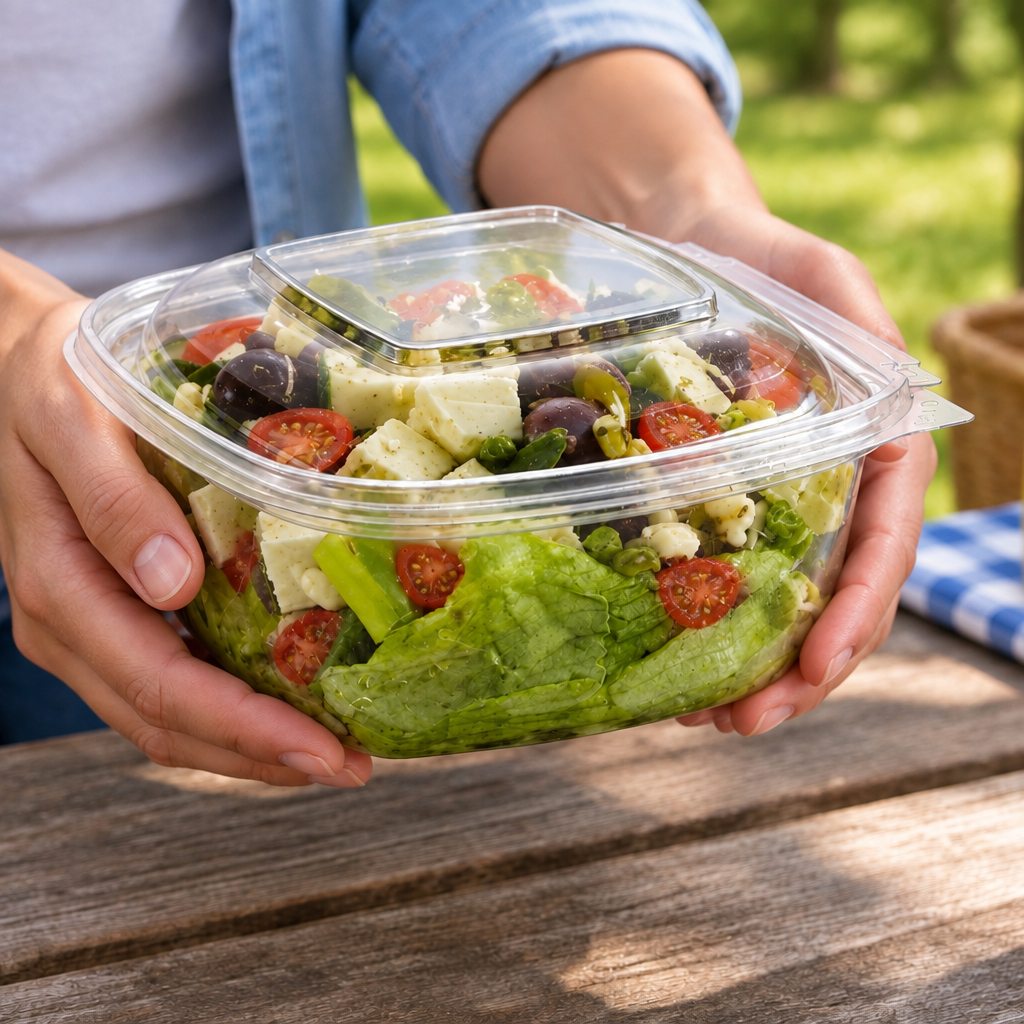 Brugssituation: salatbakke med låg og tomater bæres til et picnicbord