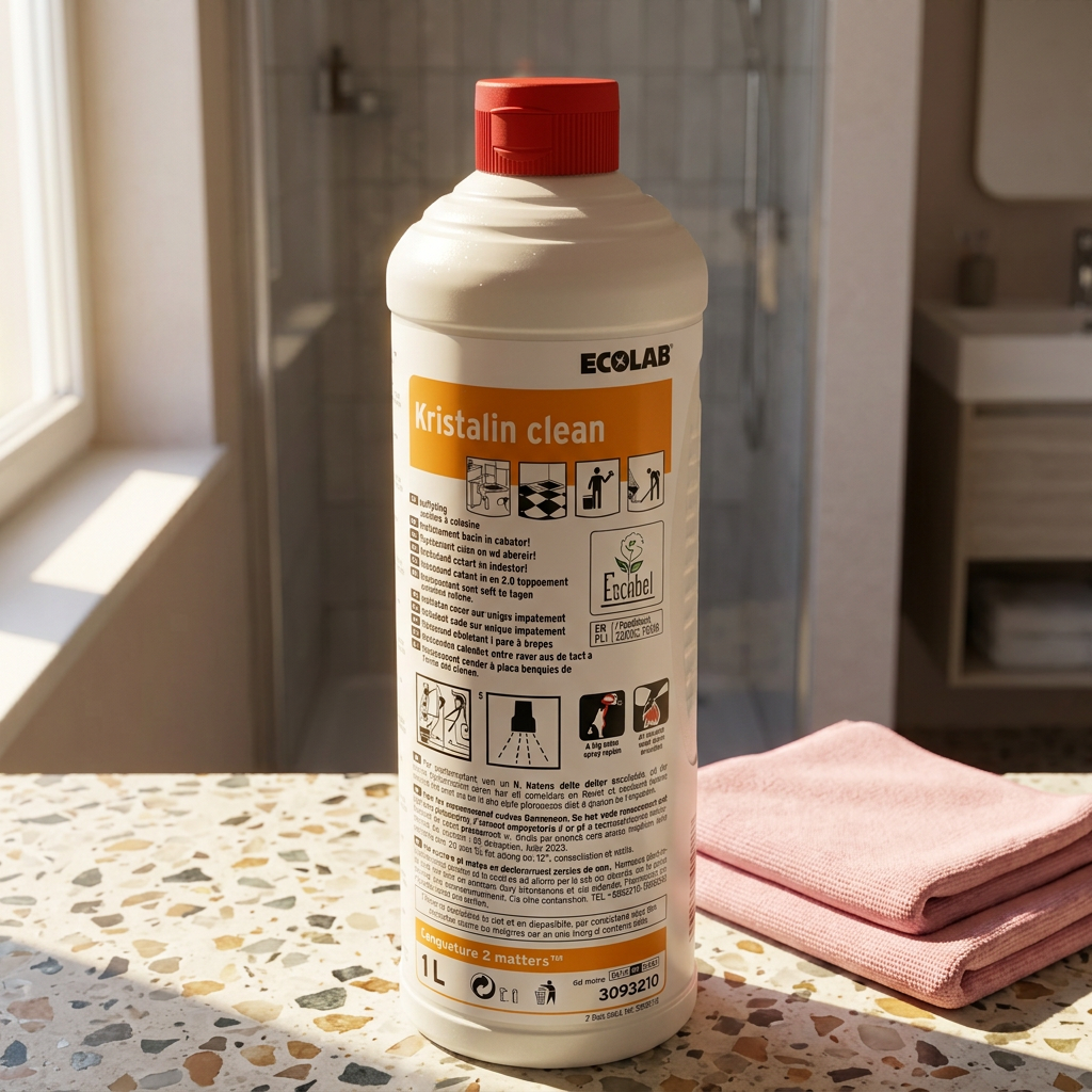 Kristalin Clean med orange etiket på terrazzo i solrigt badeværelse