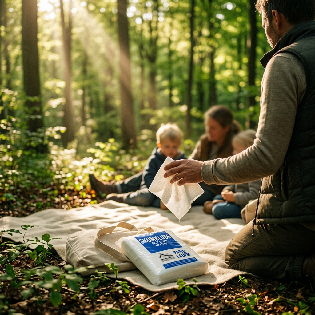 Skumklude på picnictæppe under familiens solrige skovtur