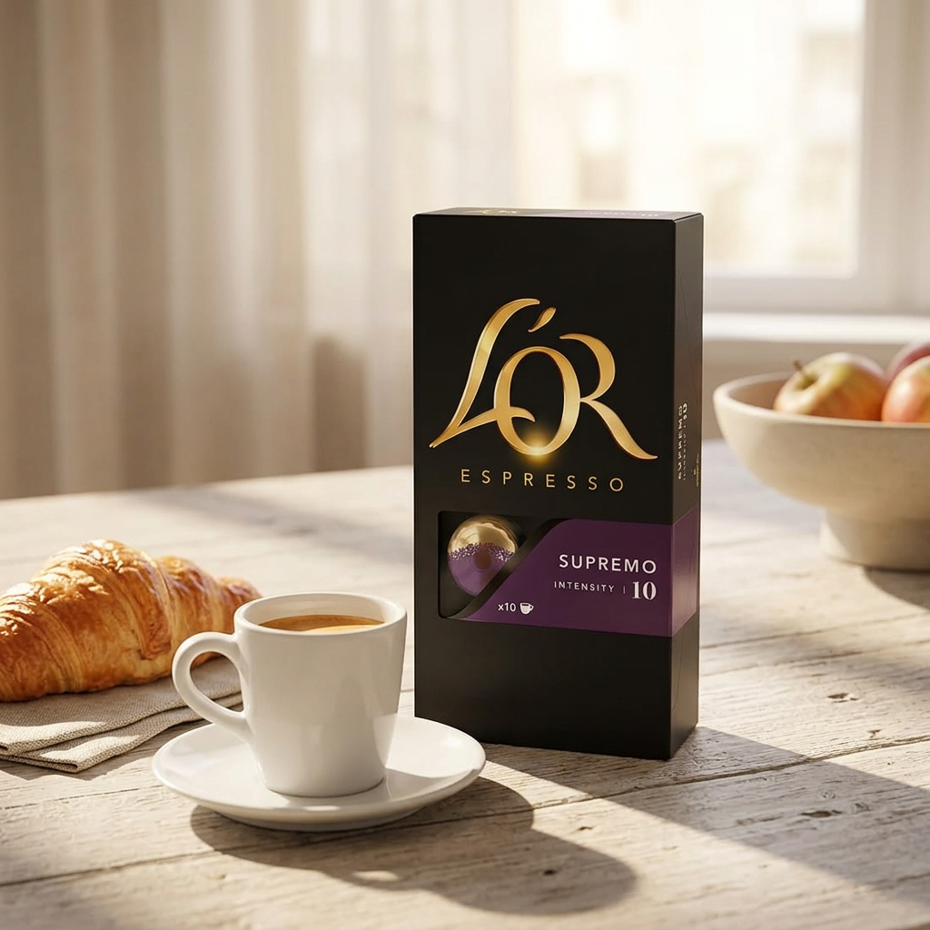 L’OR Espresso Supremo 10 ved morgenbord med espresso og croissant